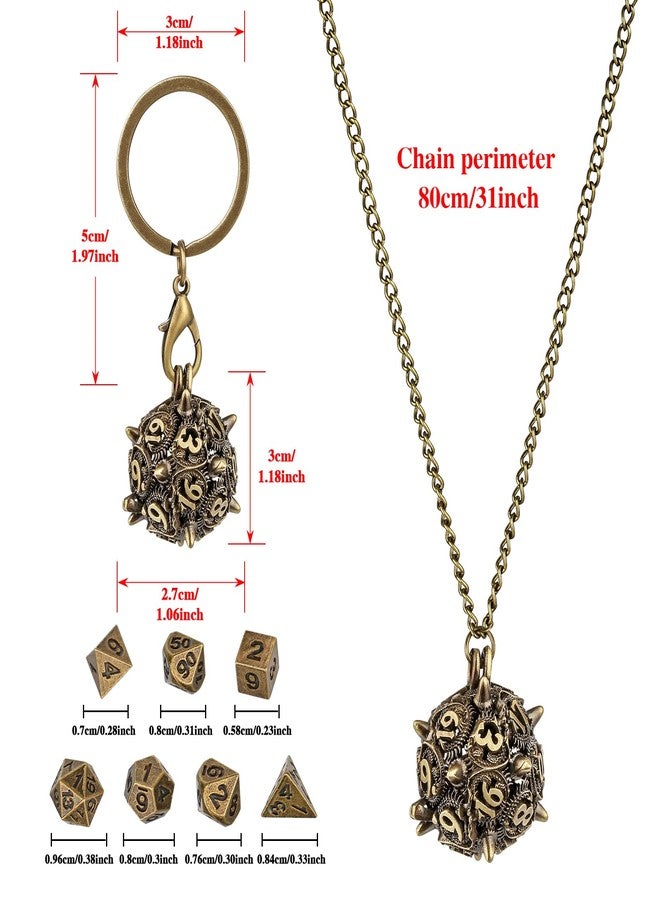 Keller & Weber Mini DND Dice Set with D20 Spike Metal Cage Portable Keychain Necklace, Tiny 7pcs Polyhedral D&D Dice Set, DND Gifts with Gift Box, D&D Accessories for RPG, Bronze - Image 4
